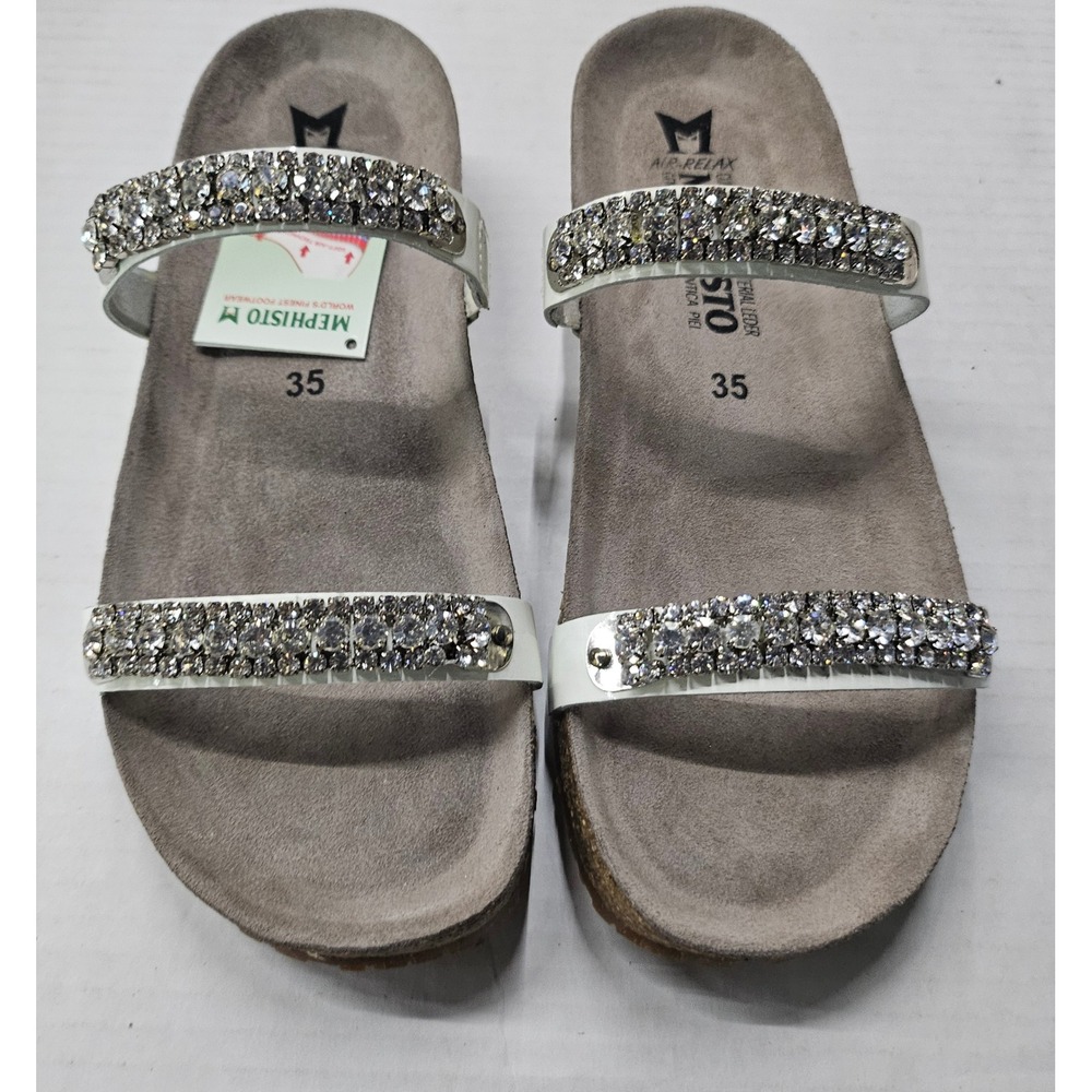 Mephisto Ivana Sandals Women 5 White Rhinestone Patent Leather Wedge Slides NEW